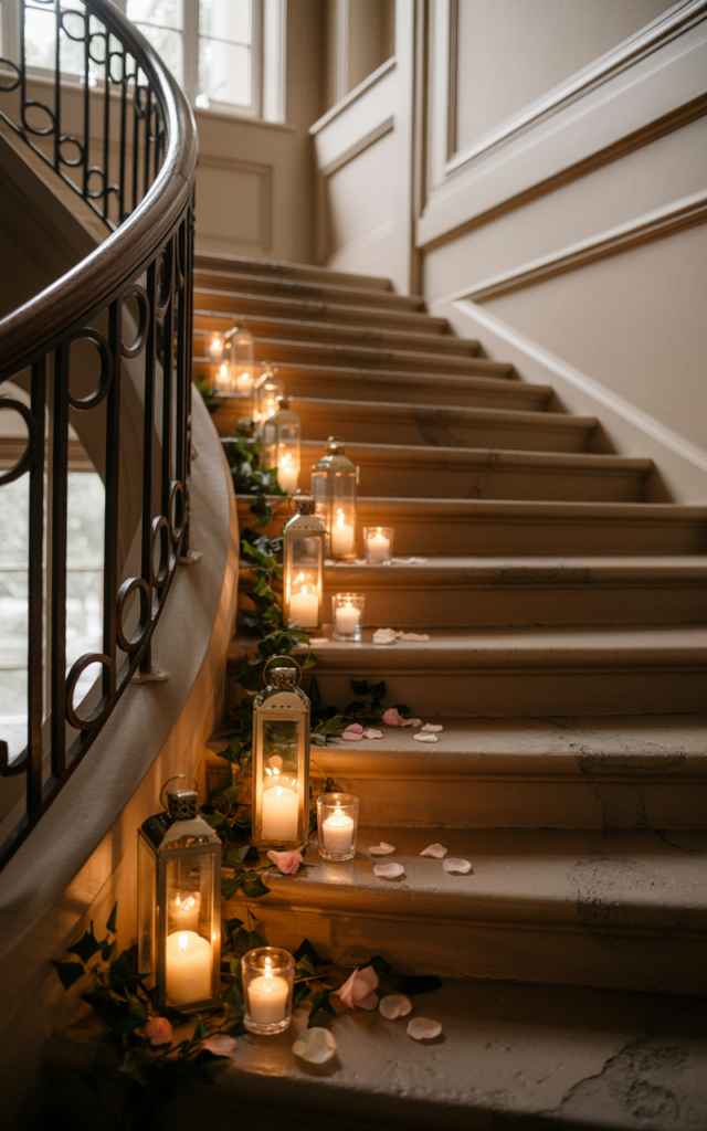 An elegant and natural-looking realistic photograph of a wedding venue staircase lined along each step with small glass lanterns and candle holders creating a warm glowing pathway up the stairs decorated in timeless romantic wedding style with natural lighting