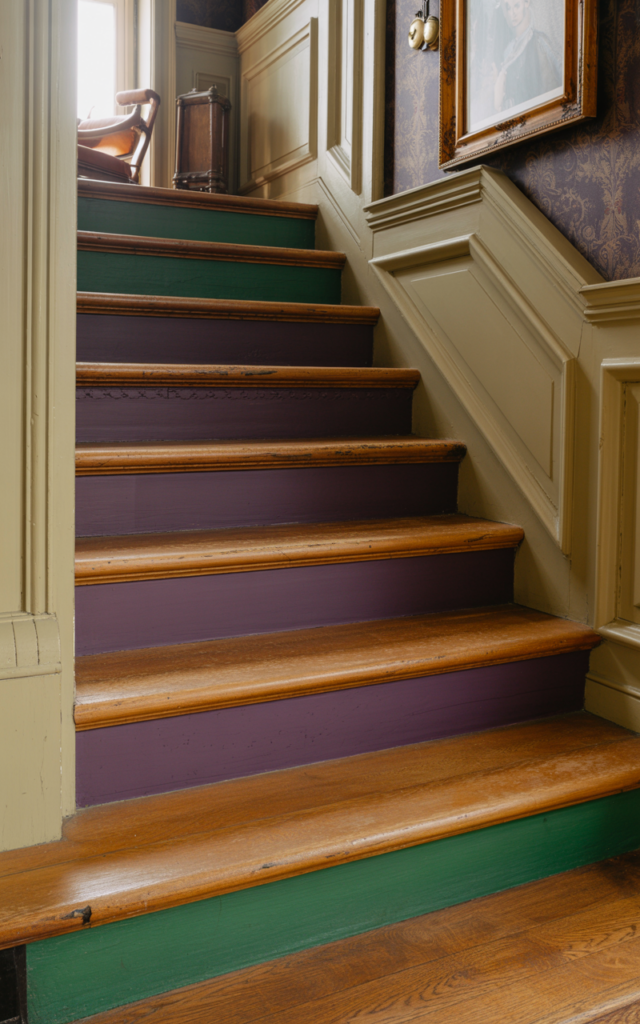 An elegant and natural-looking realistic photograph of a wooden staircase with risers painted in rich jewel tones like deep plum and forest green paired with stained oak treads and subtle wall molding decorated in eclectic Victorian style with natural lighting