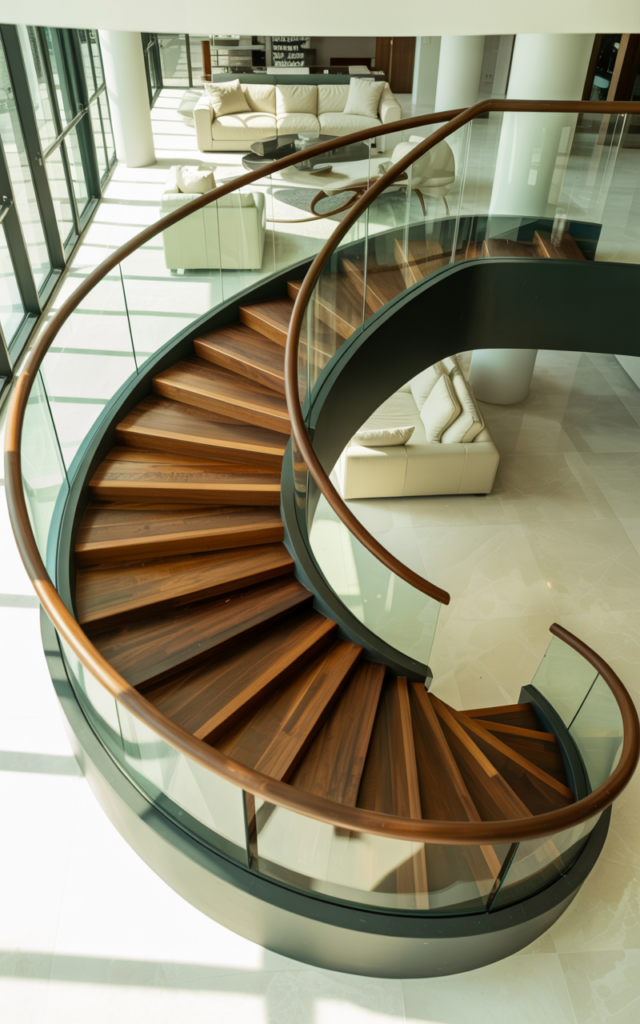 An elegant and natural-looking realistic photograph of a luxurious circular staircase featuring curved glass railings and dark wood treads positioned in the center of an open-plan living area with unobstructed views decorated in modern luxury interior style with natural lighting