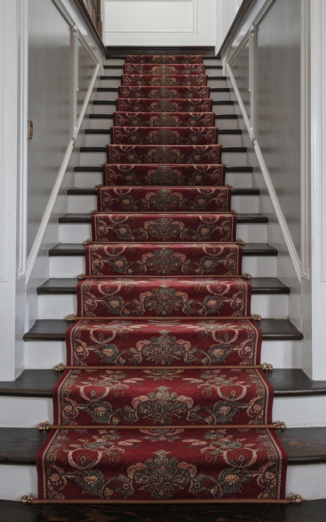 An elegant and natural-looking realistic photograph of a classic staircase adorned with a bold patterned stair runner in deep red and emerald floral medallion design over dark wooden steps and white trim walls decorated in traditional Victorian style with natural lighting