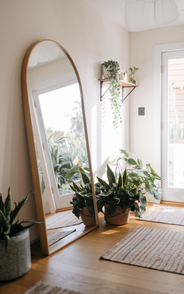 An elegant and natural-looking realistic photograph of a compact entrance hallway featuring a large oversized leaning mirror reflecting greenery and soft light decorated in minimalist style with natural lighting