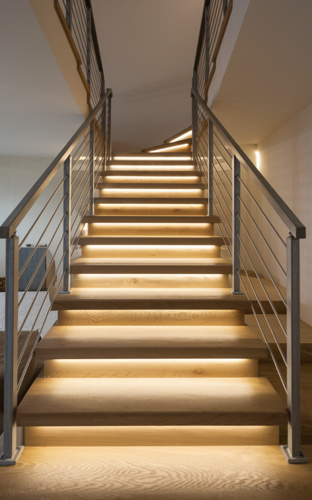 An elegant and natural-looking realistic photograph of a contemporary staircase with LED strip lighting installed beneath each wooden stair tread, creating a soft glowing floating effect along the steps and illuminating the pathway subtly, decorated in minimalist modern interior style with natural lighting