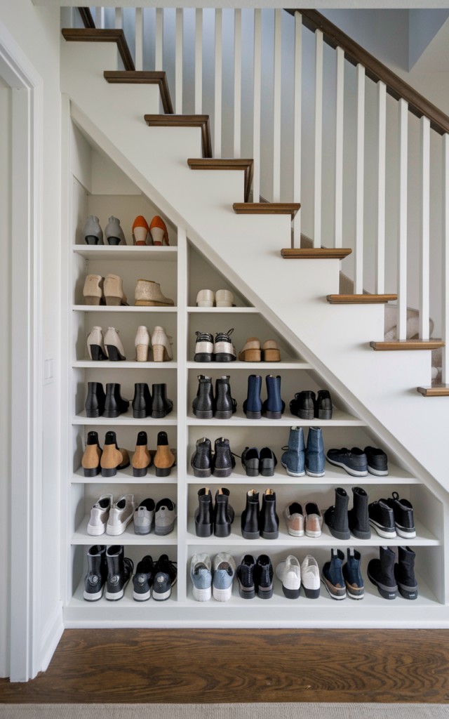 An elegant and natural-looking realistic photograph of a floor-to-ceiling under-stair shoe storage cabinet with slim angled shelves neatly displaying rows of shoes, built into the triangular staircase cavity near an entryway with closed and open cubbies decorated in contemporary entryway decor style with natural lighting