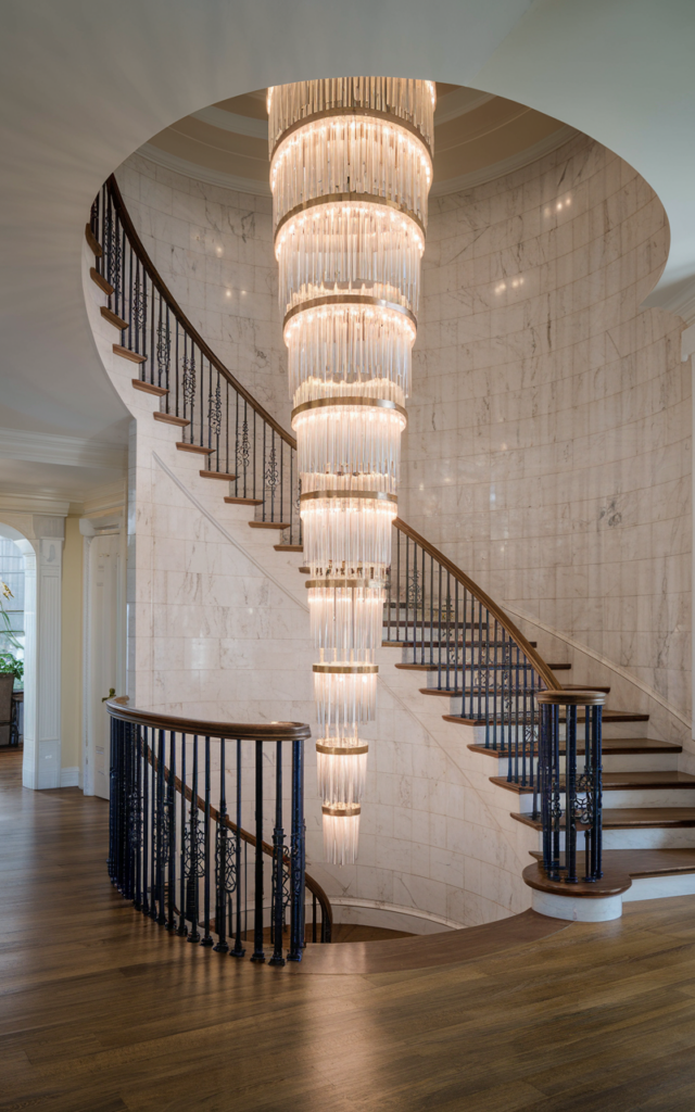 An elegant and natural-looking realistic photograph of a grand curved staircase foyer featuring a cascading multi-tiered chandelier that follows the arc of the railing, creating dramatic vertical movement decorated in classic luxury style with natural lighting