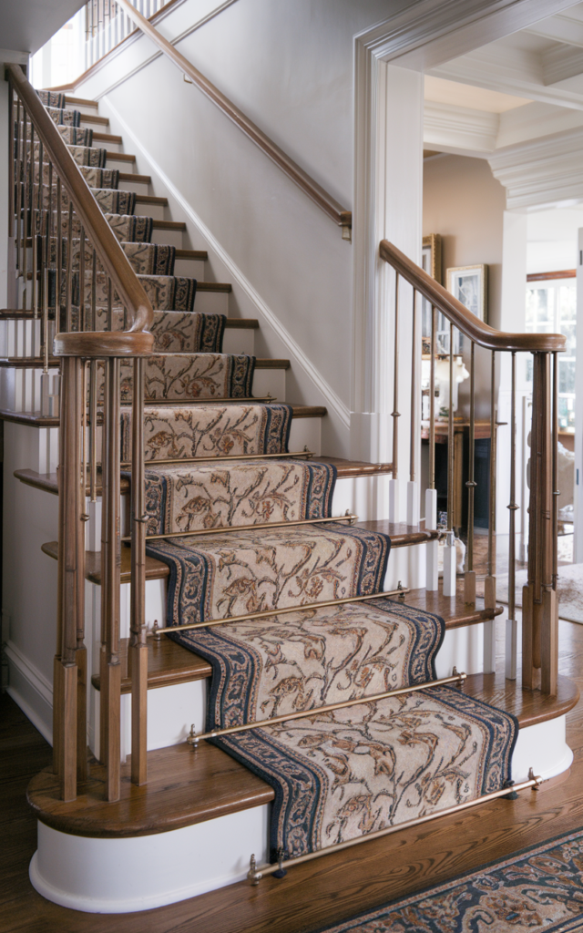 An elegant and natural-looking realistic photograph of a hardwood staircase fitted with a vintage-inspired patterned stair runner secured with slim brass rods, soft curved handrail and subtle entryway decor decorated in classic contemporary style with natural lighting