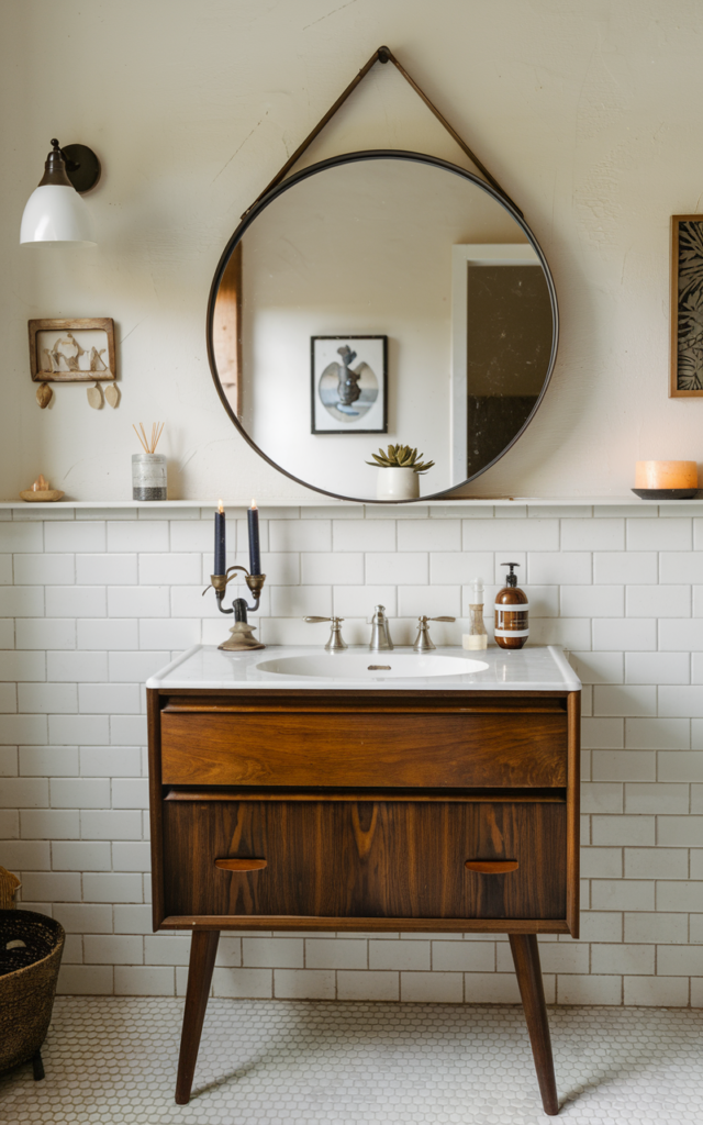 An elegant and natural-looking realistic photograph of a bathroom vanity wall with a round mirror with a thin black metal frame above a wooden vanity, balanced proportions and soft reflections decorated in mid-century modern style with natural lighting