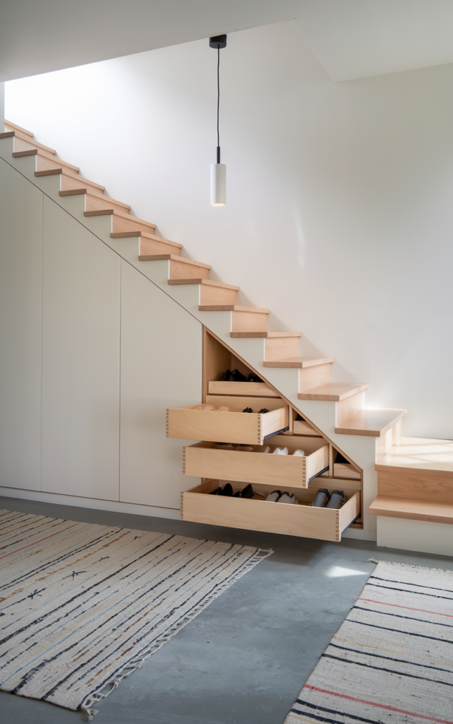 An elegant and natural-looking realistic photograph of an under-stair hidden pull-out shoe storage system with slim paneled drawers seamlessly integrated into the wall near the entryway, decorated in minimalist contemporary style with natural lighting