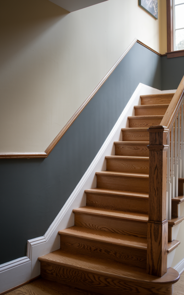 An elegant and natural-looking realistic photograph of a staircase wall with a continuous chair rail running along the incline separating two paint tones with darker color below and lighter shade above beside a modern wooden staircase decorated in contemporary home decor style with natural lighting