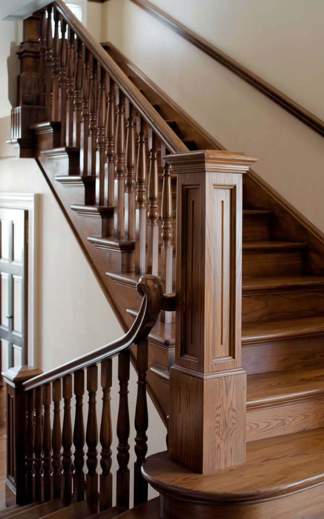 An elegant and natural-looking realistic photograph of a traditional oak staircase sanded and stained in a deep walnut shade with rich visible grain and matching handrail decorated in contemporary classic style with natural lighting