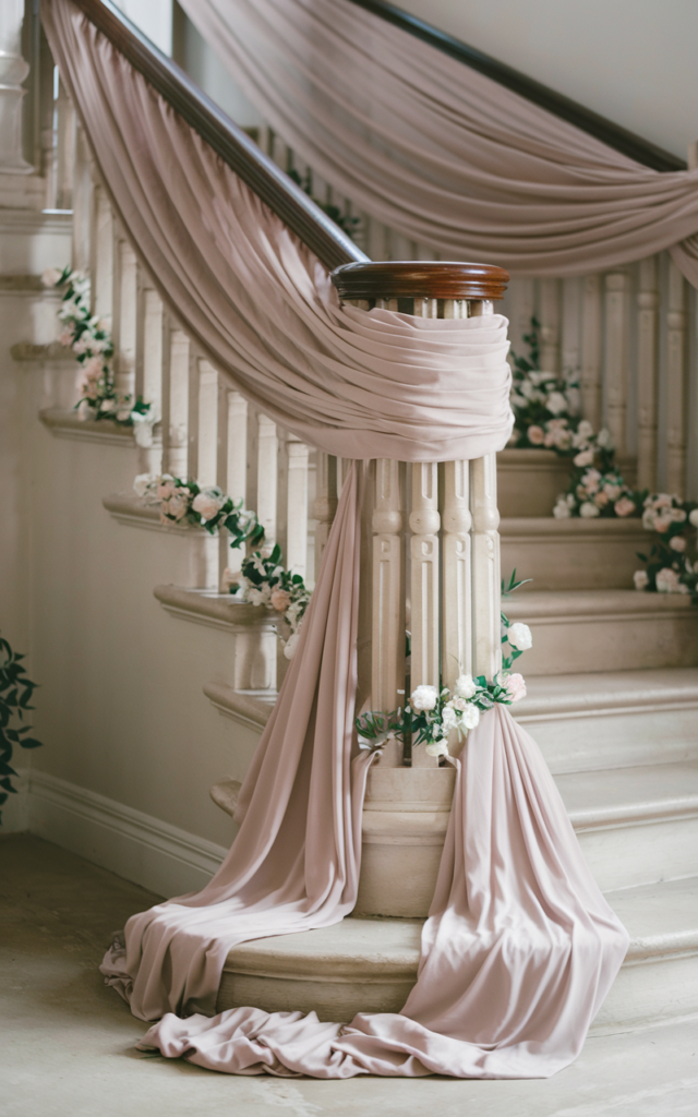An elegant and natural-looking realistic photograph of a wedding staircase railing wrapped in soft flowing chiffon and tulle fabric cascading in gentle folds along the banister with small floral accents placed along the drapes decorated in classic romantic wedding style with natural lighting