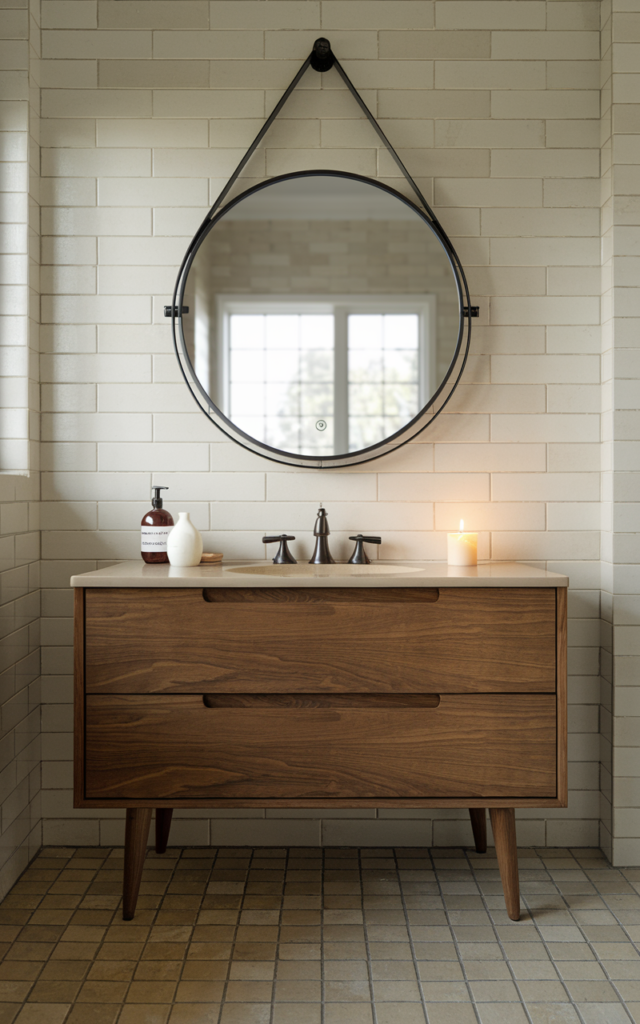 An elegant and natural-looking realistic photograph of a bathroom vanity area with a round mirror featuring a slim black metal frame mounted above a wooden vanity decorated in mid century modern style with natural lighting