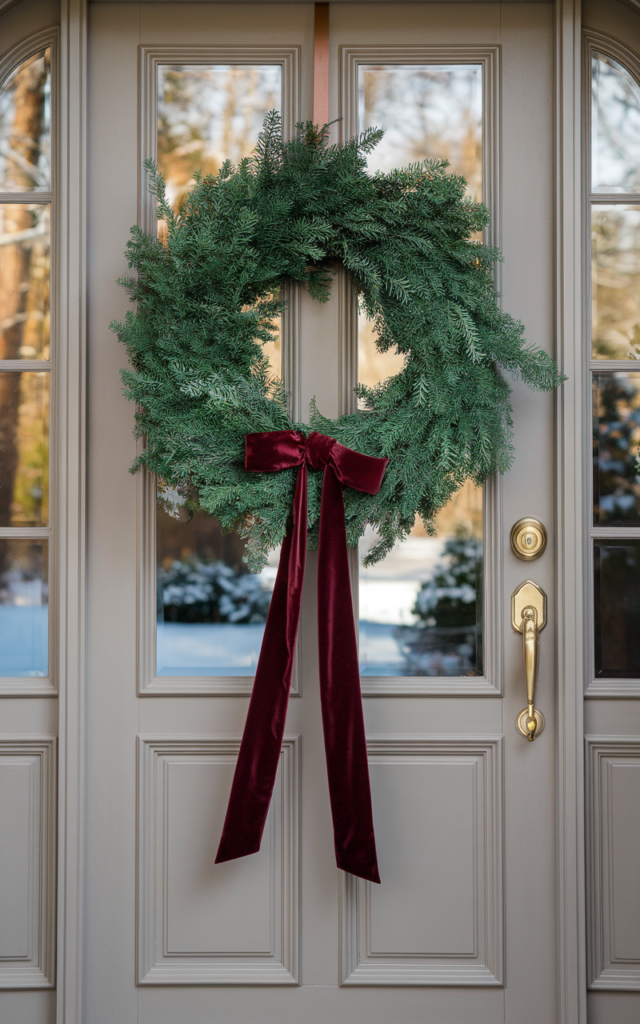 An elegant and natural-looking realistic photograph of a winter front door styled with an evergreen wreath adorned with a wide deep red velvet ribbon tied loosely off-center on a neutral painted door decorated in classic elegant style with natural lighting