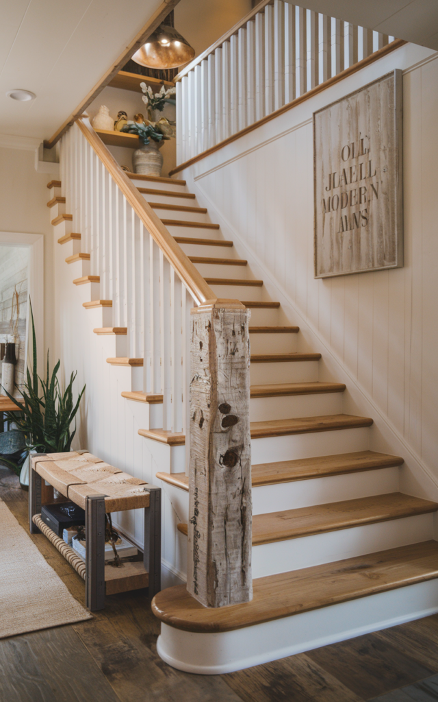 An elegant and natural-looking photograph of a staircase featuring a chunky reclaimed wood handrail with knots and texture, paired with white balusters and warm oak treads in a cozy entryway decorated in rustic modern farmhouse style with natural lighting