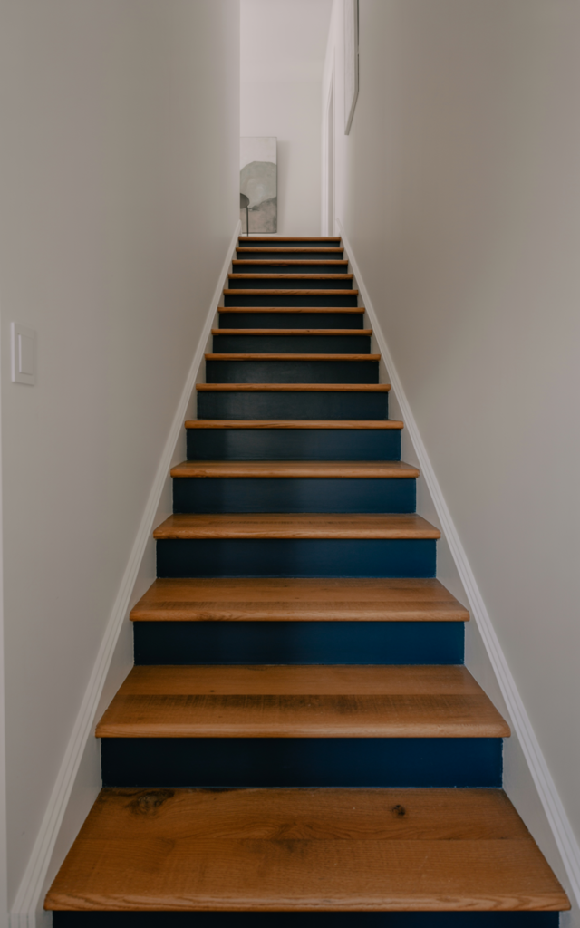 An elegant and natural-looking realistic photograph of a straight indoor staircase with neutral oak treads and bold navy painted risers creating contrast between each step, clean white walls and minimal decor decorated in modern transitional style with natural lighting