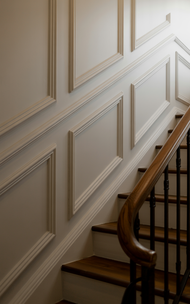 An elegant and natural-looking realistic photograph of a staircase wall featuring classic rectangular picture frame molding panels aligned with the stair angle and painted the same soft neutral color as the wall beside a wooden staircase with black iron railing decorated in transitional home decor style with natural lighting