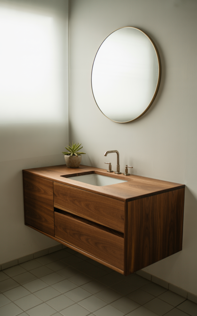 An elegant and natural-looking realistic photograph of a small bathroom featuring a floating walnut wood vanity with clean lines, open floor space, minimal decor, and a sleek integrated sink decorated in mid-century modern style with natural lighting