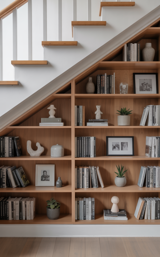 An elegant and natural-looking realistic photograph of an under-stair built-in open shelving mini library with angled wooden shelves filled with stacked books, small sculptures and framed photos, decorated in modern Scandinavian style with natural lighting
