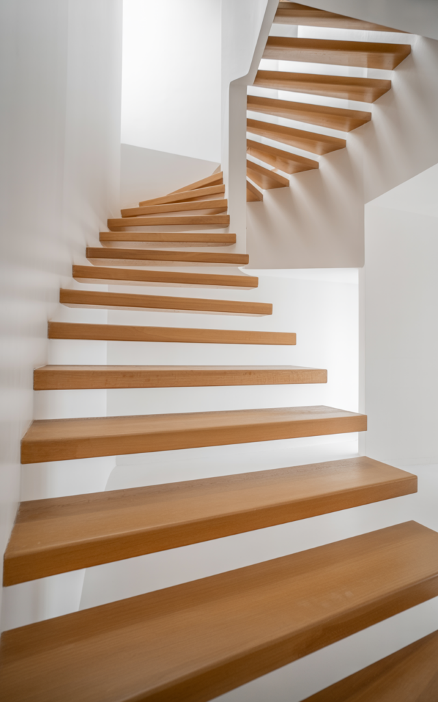 An elegant and natural-looking realistic photograph of a floating wood staircase with hidden supports, light oak treads appearing to hover against crisp white walls with open risers and minimal detailing decorated in contemporary modern style with natural lighting