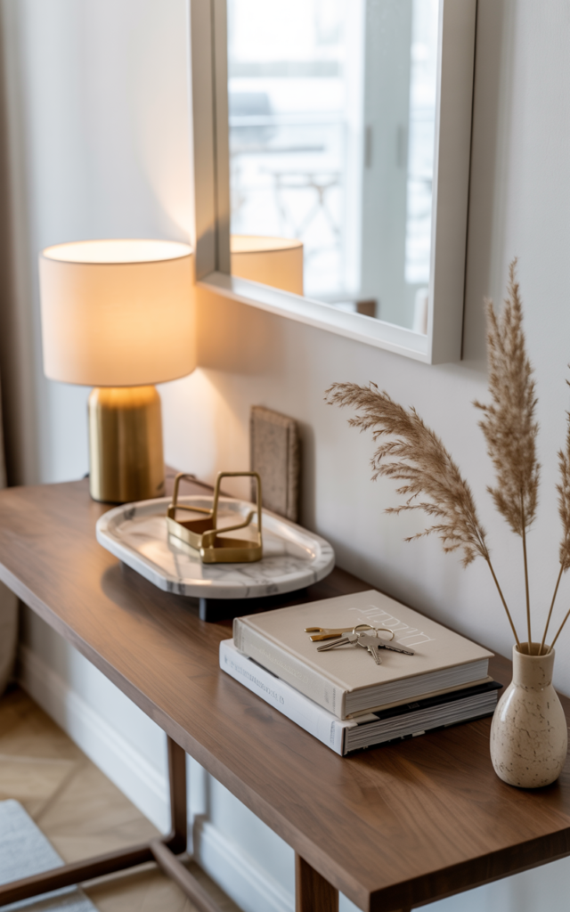 An elegant and natural-looking realistic photograph of a home entrance with a sleek console table styled with a table lamp, decorative tray, stacked books, and minimal accessories decorated in modern contemporary style with natural lighting