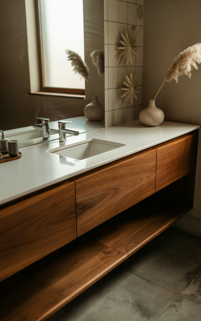 An elegant and natural-looking realistic photograph of a mid century modern bathroom featuring a floating walnut wood vanity with clean lines, white countertop, and open floor space beneath decorated in mid century modern style with natural lighting