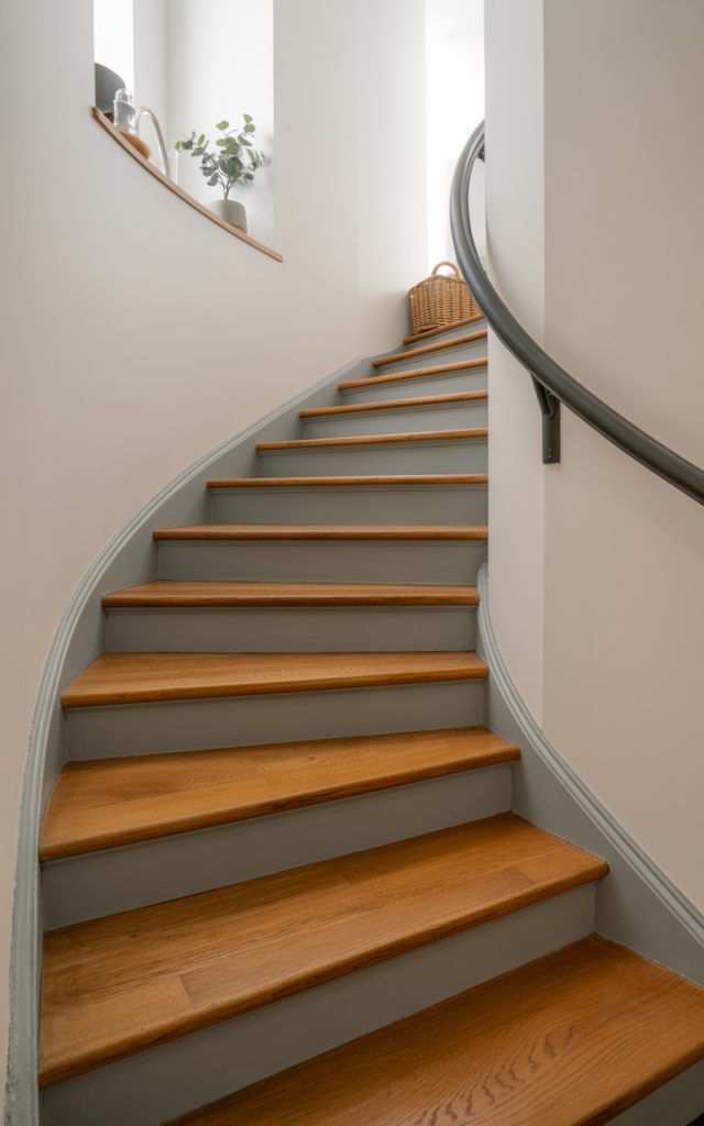 An elegant and natural-looking realistic photograph of an oak staircase with natural wood treads and soft greige painted risers creating gentle contrast, clean white walls and subtle decor accents decorated in modern transitional style with natural lighting