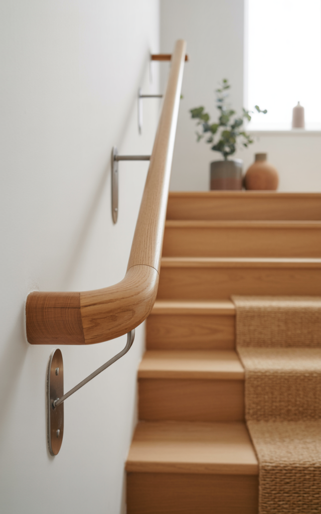 An elegant and natural-looking realistic photograph of a staircase with a classic rounded solid oak handrail mounted along a white wall with minimal metal brackets and light wooden steps decorated in Scandinavian home decor style with natural lighting