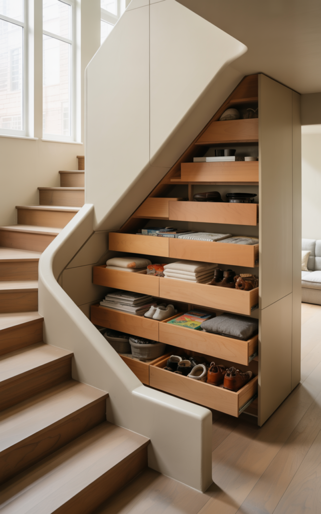 An elegant and natural-looking realistic photograph of a staircase with custom built-in pull-out storage drawers following the slope of the stairs, sleek flush cabinet panels hiding deep drawers filled with shoes, blankets, and toys, integrated into the staircase wall with seamless carpentry decorated in modern minimalist home decor style with natural lighting
