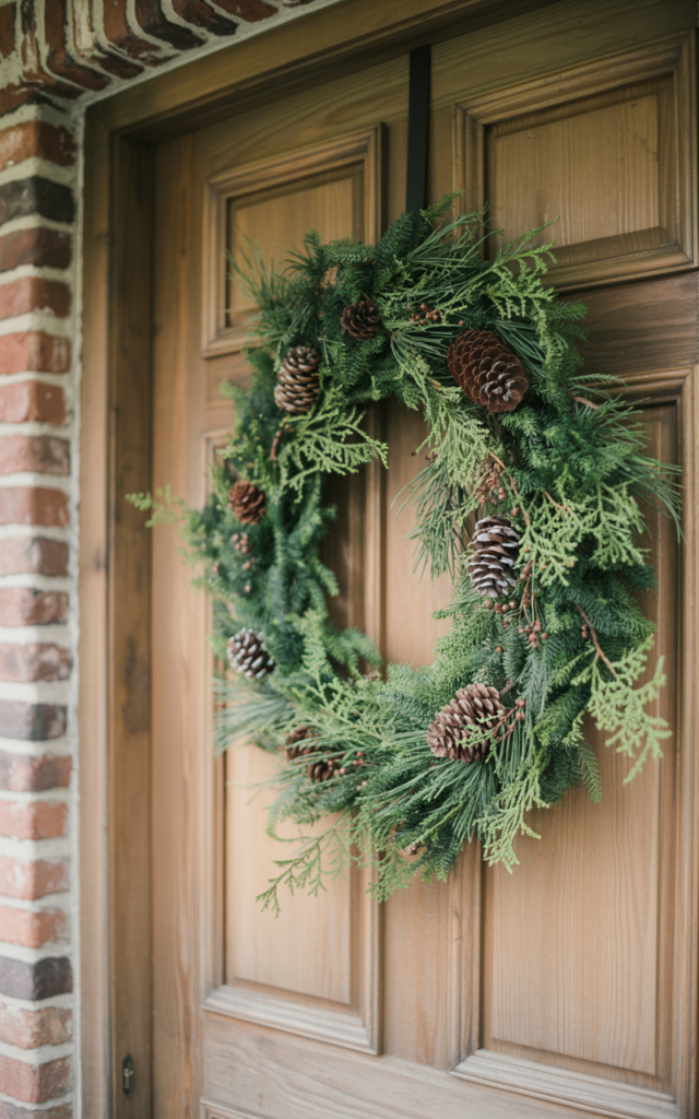 An elegant and natural-looking realistic photograph of a winter front door featuring a full evergreen wreath made of pine, fir, and cedar branches accented with natural pinecones on a wooden door decorated in rustic traditional style with natural lighting