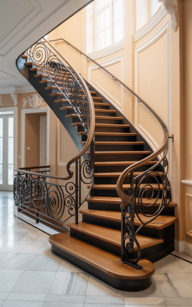 An elegant and natural-looking realistic photograph of a classic wrought iron circular staircase with curved metal balusters and wooden treads, subtle scrollwork railings and matte black finish in a spacious foyer decorated in traditional European interior style with natural lighting