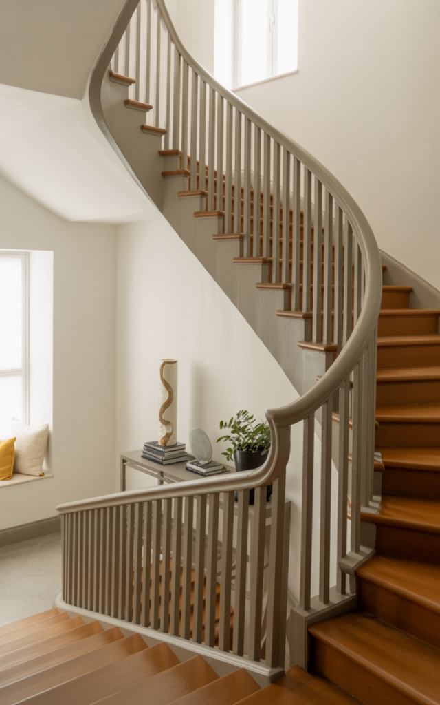 An elegant and natural-looking realistic photograph of a curved staircase foyer with the staircase painted in a soft contrasting greige against white walls, highlighting the sweeping curve and wooden treads decorated in modern transitional style with natural lighting