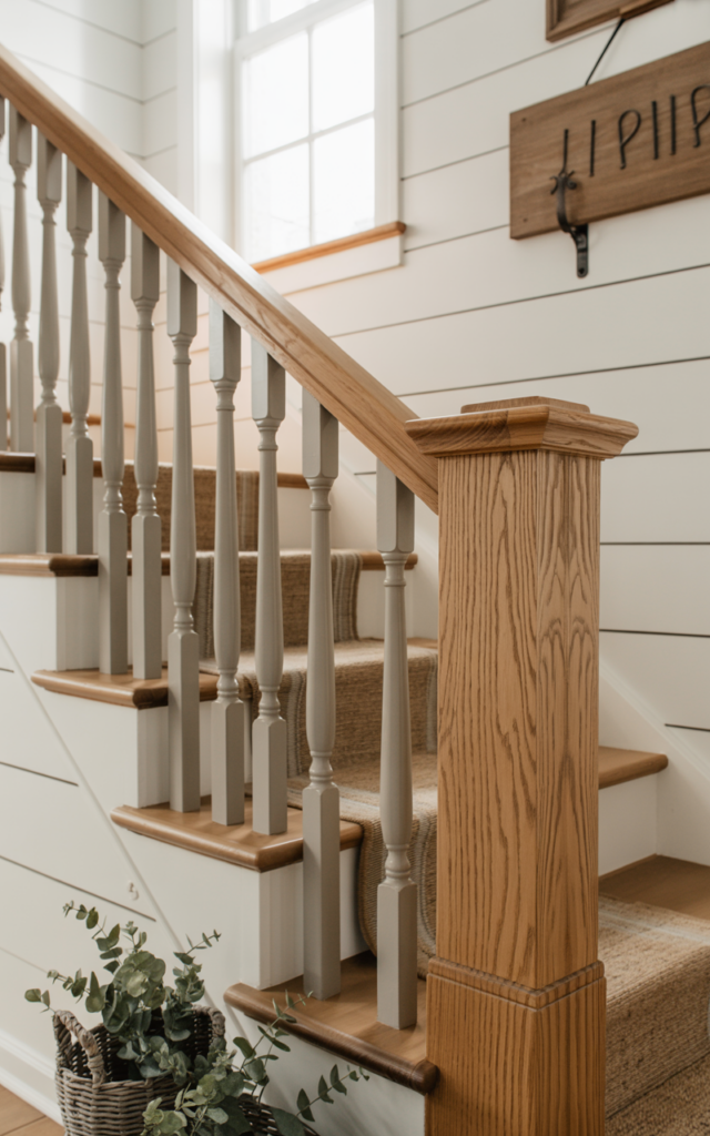 An elegant and natural-looking photograph of a modern farmhouse staircase with soft greige painted balusters, crisp white walls, and a natural wood handrail with visible grain, showcasing subtle contrast and depth decorated in modern farmhouse style with natural lighting
