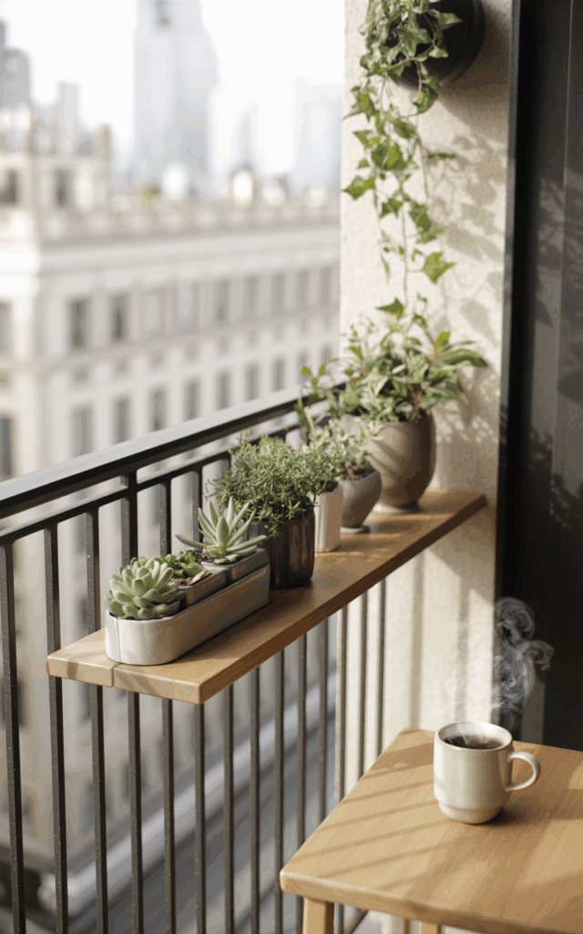 Add a Slim Bar Shelf Along the Railing