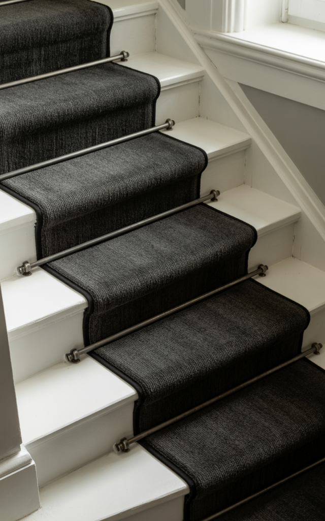 Add a black stair runner on white-painted steps