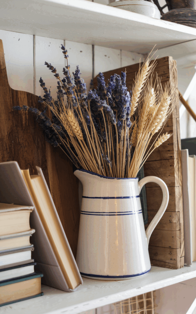 Add a ceramic pitcher with dried florals