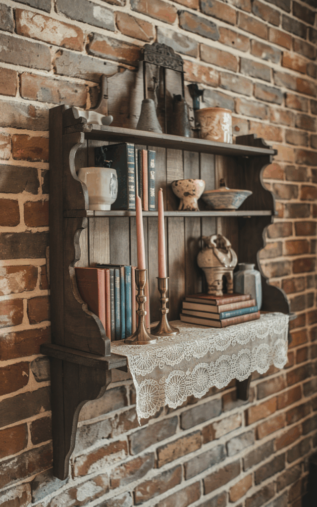 Add a lace runner beneath shelf décor