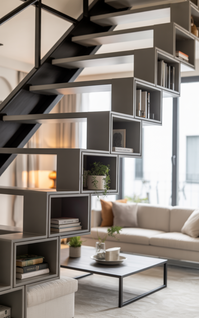 Add a metal bookshelf under the staircase for smart functionality.