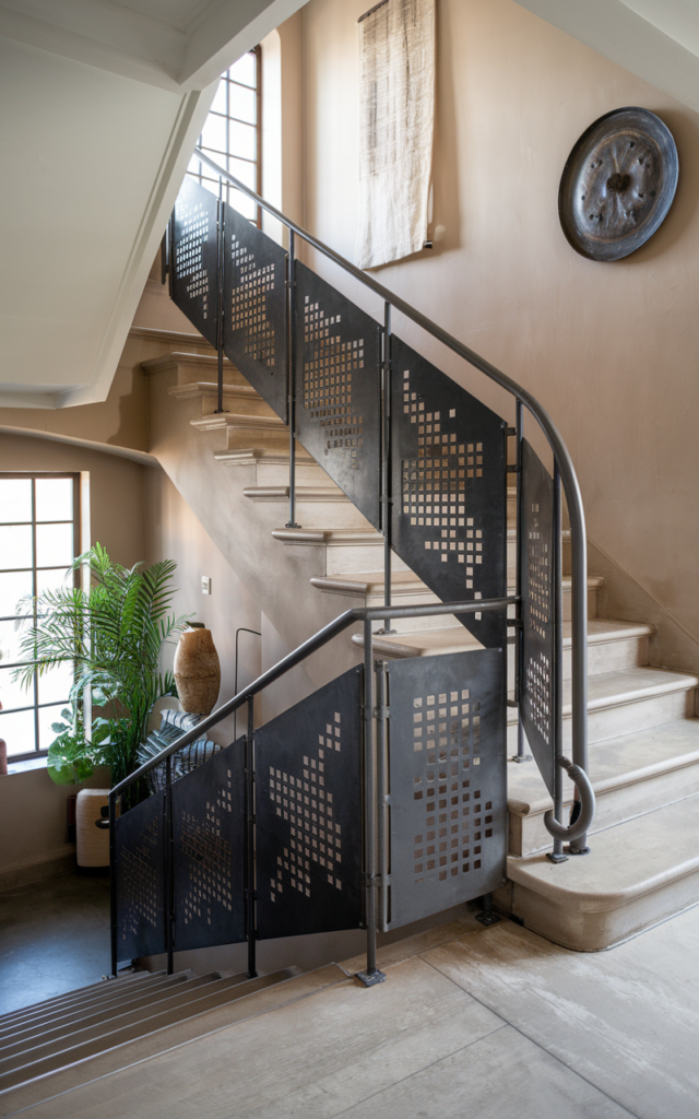 Add a perforated metal railing for subtle texture.