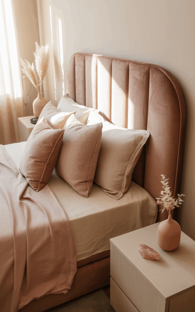 Add a statement upholstered headboard in dusty rose