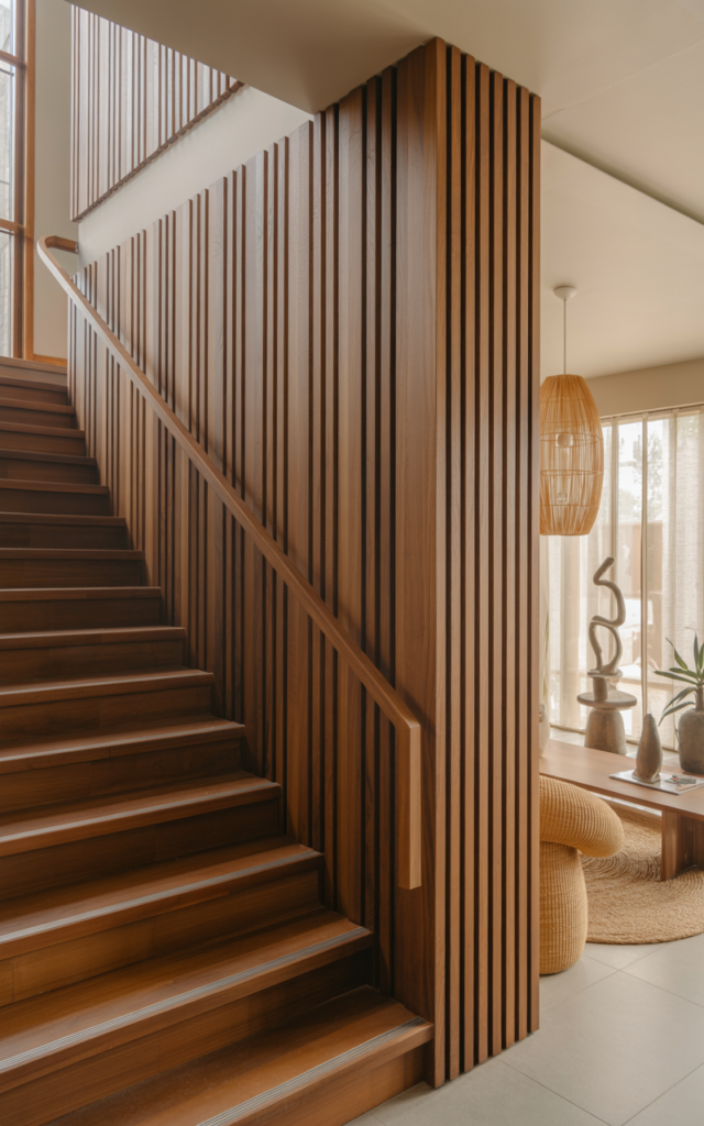 Add a wood-paneled accent wall beside the stairs