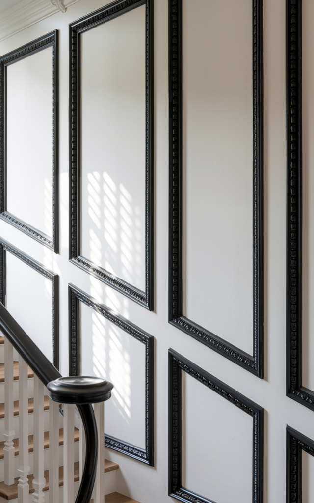 Add black picture-frame molding to white stair walls