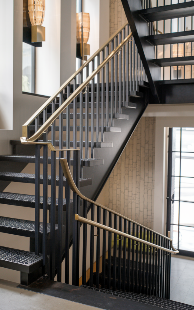 Add brass accents to your metal staircase for warmth.