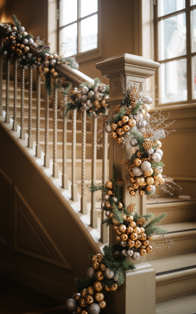 Add metallic ornament clusters at the newel posts.