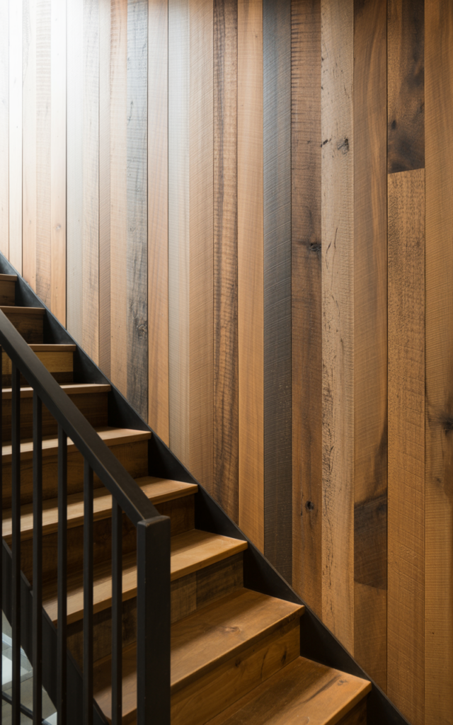 Add reclaimed wood paneling for rustic texture