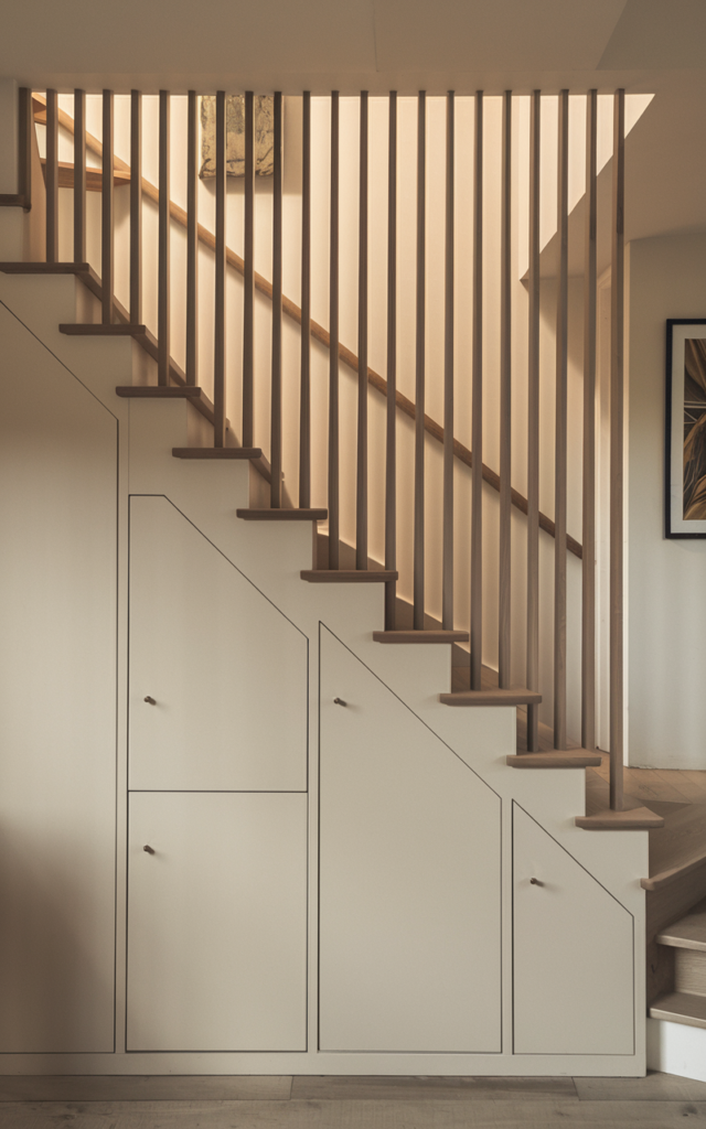 Add slim built-in cabinets along the staircase wall