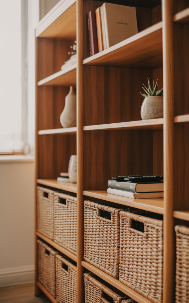 Add woven baskets to hide clutter 🧺