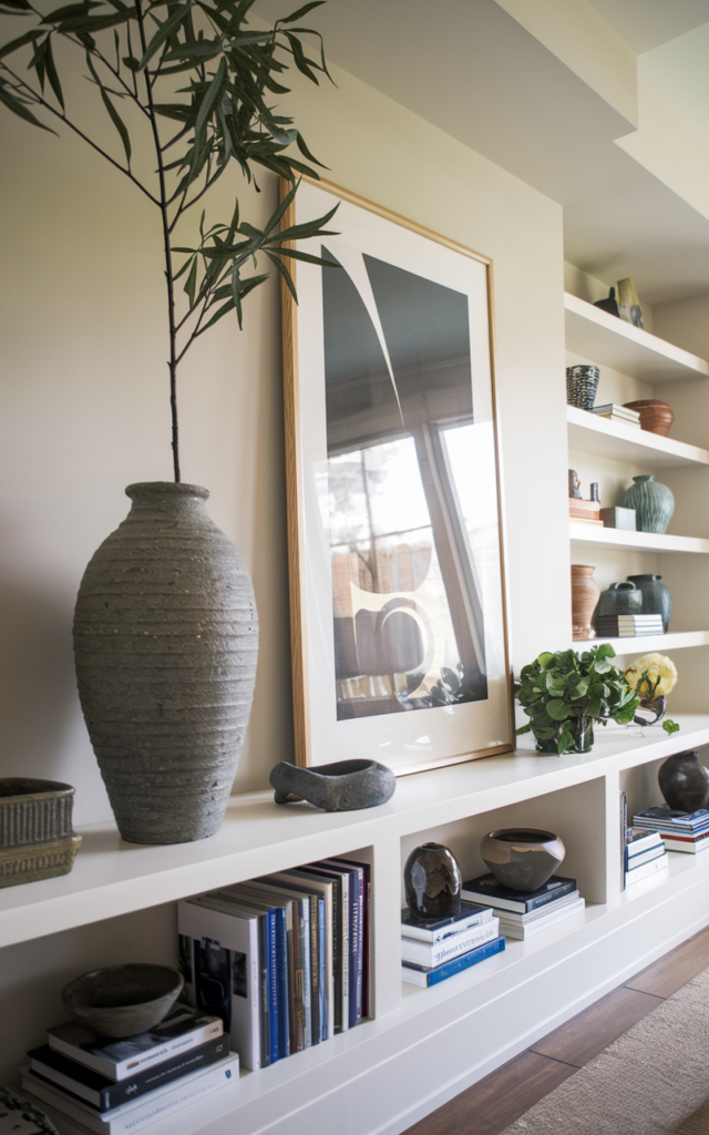 Anchor the shelves with oversized statement pieces