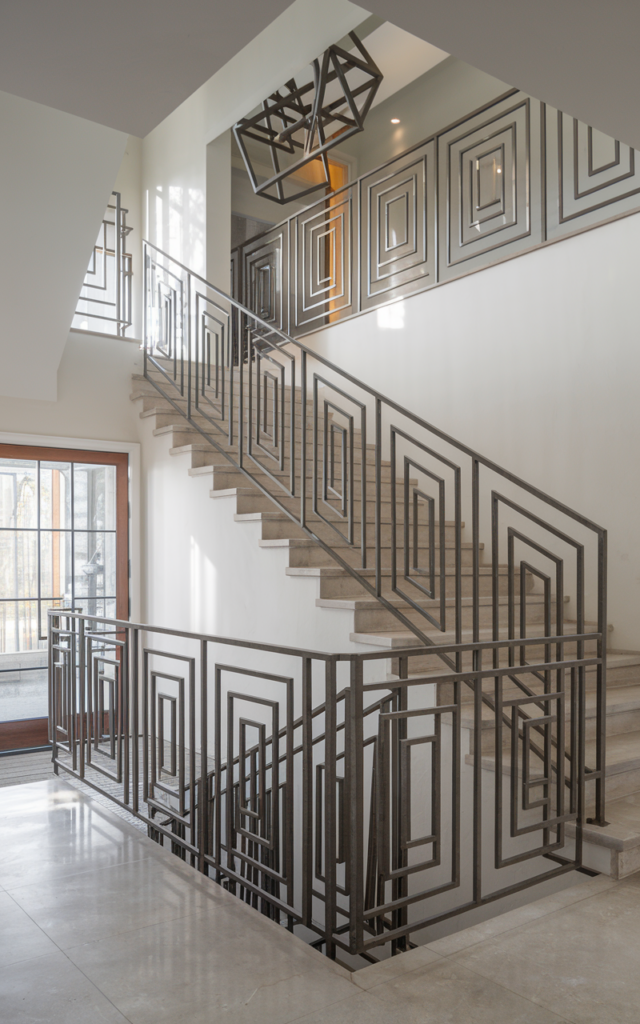 Anchor the staircase with a bold sculptural railing