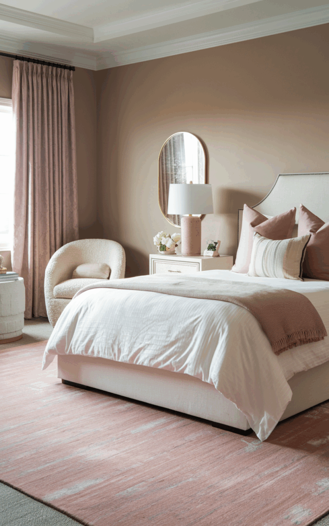 Anchor your space with a large earthy pink area rug