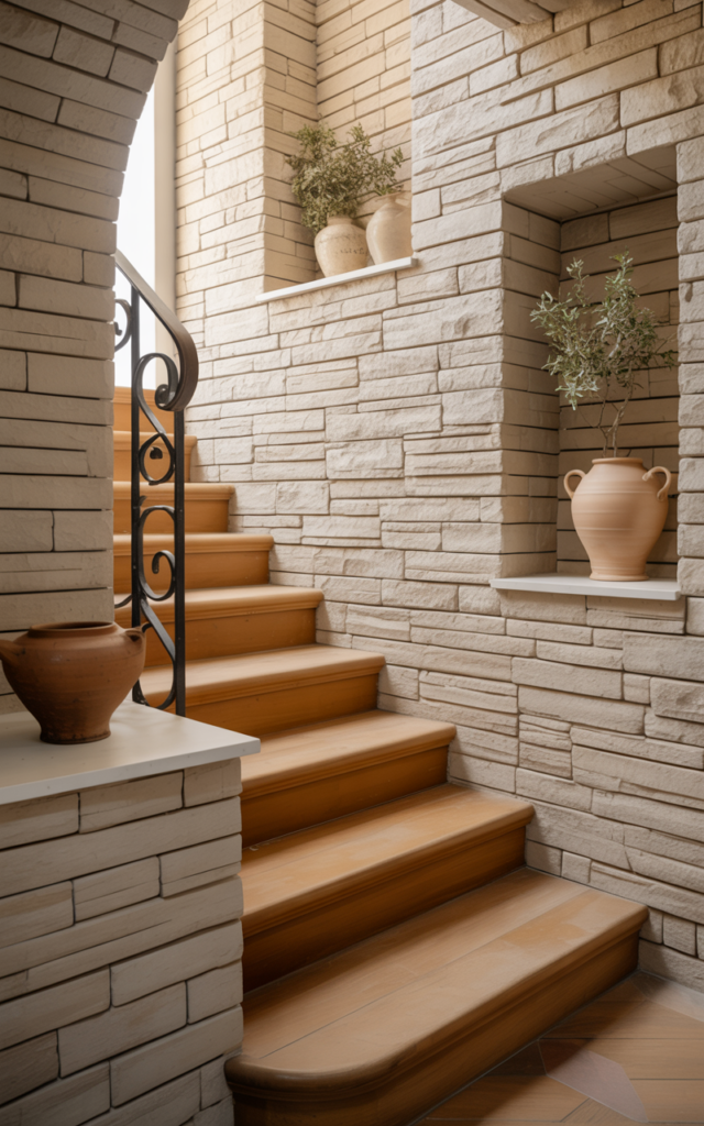 Apply textured stone cladding to the stair wall
