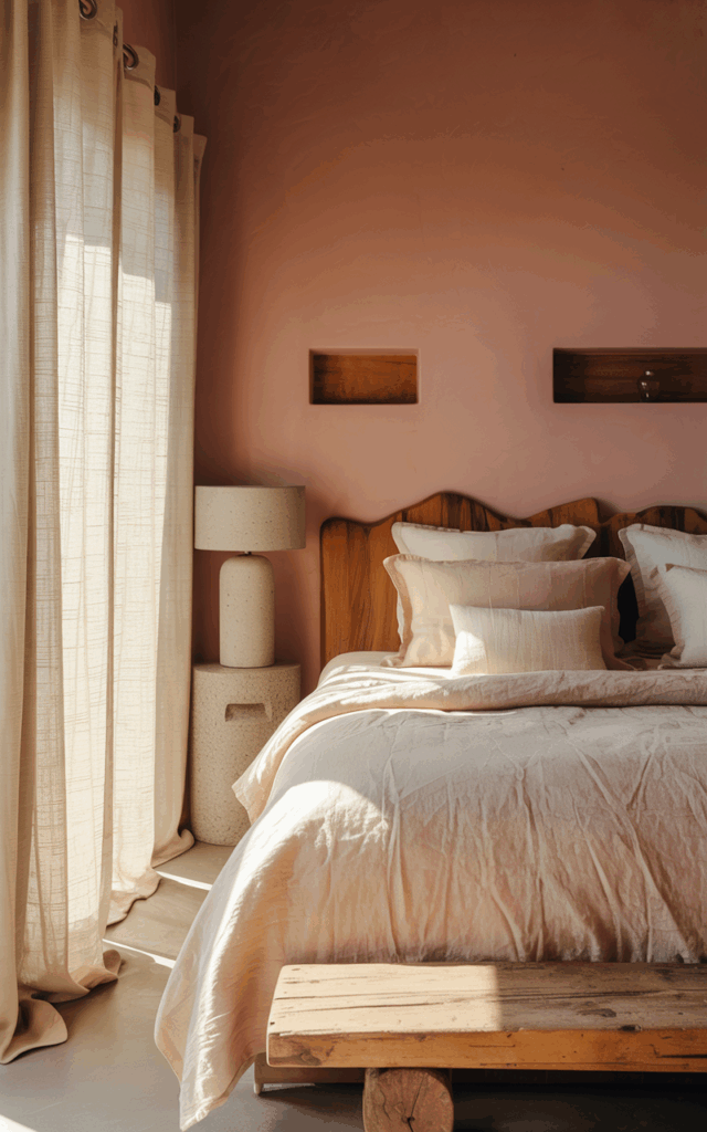 Blend earthy pink with stone and concrete elements